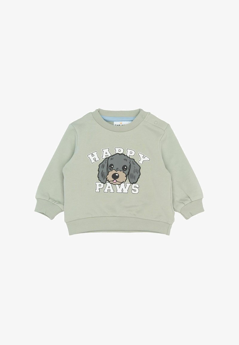 Heleda rohelise värvi toddleri sviiter, mille esiküljel on naeratav hall koera nägu ja tekst "ÕNNEPAU". Sviitri ühel õlal on nööbid.