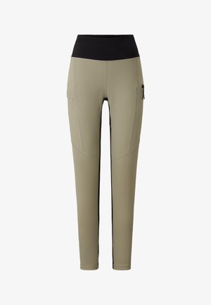 Tapered active pants in olive green with a black waistband, side pocket, and contrasting black side panels. Made from stretchy, smooth material.