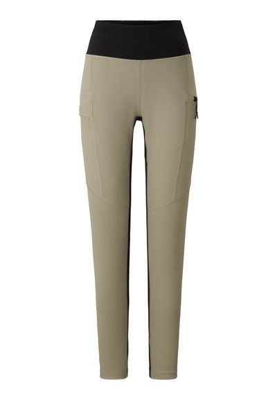 Tapered active pants in olive green with a black waistband, side pocket, and contrasting black side panels. Made from stretchy, smooth material.
