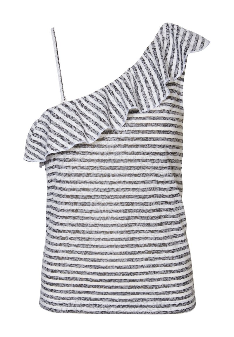 En axelbandslös blus med en volangkrage, prydd med växlande tunna grå och vita horisontella ränder. Tillverkad av ett lätt material.