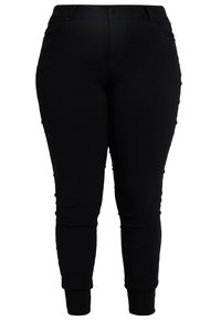 Črne slim fit hlače iz elastičnega materiala, z gladko teksturo, zoženimi hlačnicami in srednjim pasom ter sprednjimi žepi.