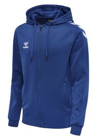 Felpa blu con zip, realizzata in tessuto morbido, dotata di cappuccio regolabile con cordino, due tasche laterali e motivi a chevron bianchi in contrasto sulle maniche.