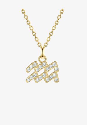 Zlatý náhrdelník so zúbkovaným príveskom zdobeným priehľadnými, trblietavými kamienkami. Odkazy retiazky sú okrúhle a lesklé.