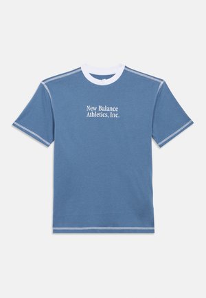 Blue short-sleeve T-shirt with white crew neck collar and "New Balance Athletics, Inc." printed in white on the chest.