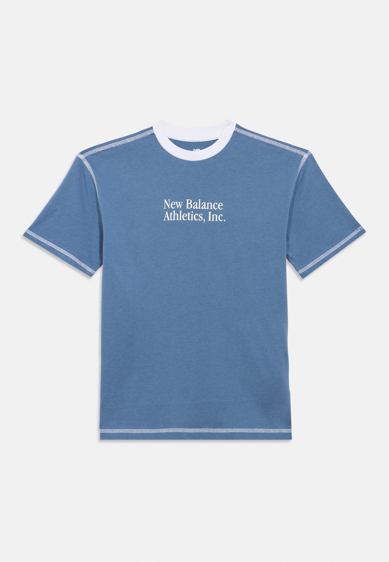 Blue short-sleeve T-shirt with white crew neck collar and "New Balance Athletics, Inc." printed in white on the chest.