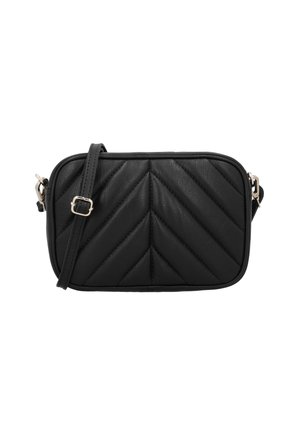 Sorte quiltede læder crossbody taske med rektangulær form, som har et chevron mønster, guldtonet hardware og justerbar rem.