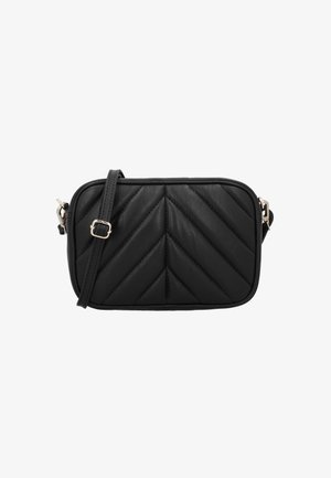 Czarna pikowana skórzana torebka na ramię o prostokątnym kształcie, z ozdobnym wzorem w zygzak, złotymi akcentami oraz regulowanym paskiem.