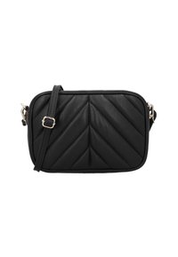 Borsa a tracolla nera in pelle trapuntata con forma rettangolare, caratterizzata da un motivo a zig zag, dettagli in oro e tracolla regolabile.