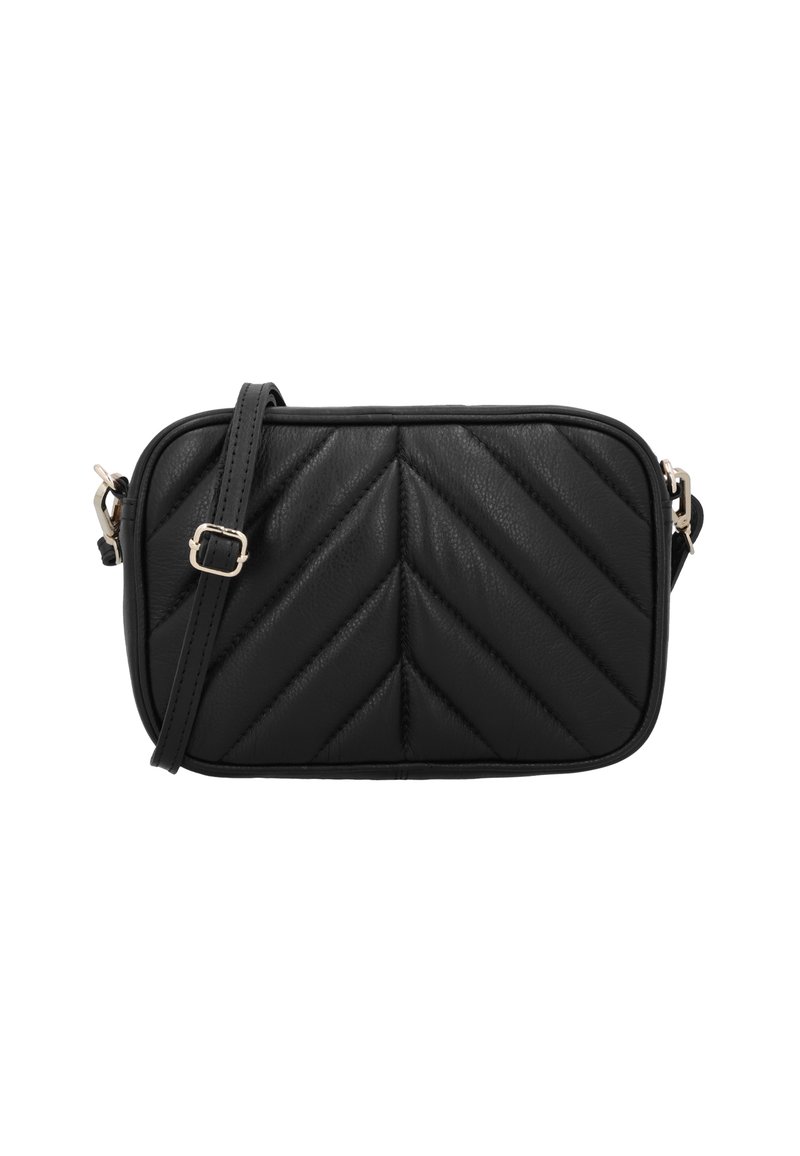 Borsa a tracolla nera in pelle trapuntata con forma rettangolare, caratterizzata da un motivo a zig zag, dettagli in oro e tracolla regolabile.