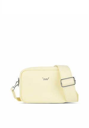Small rectangular pale yellow crossbody bag with adjustable strap and silver logo on front.