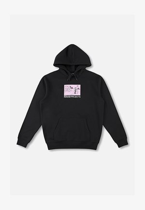 Felpa nera con cappuccio regolabile e tasca frontale. Presenta una grafica rettangolare rosa con la scritta "Riviera PROJECTS" ed elementi di design astratti.