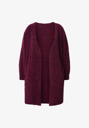 Burgunderfarbener Strickcardigan mit offenem Front, Dreiviertelärmeln und strukturiertem Stoff, mit lockerer Passform und ohne Verschlüsse.