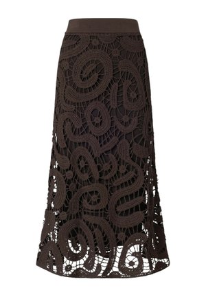 Gonna midi marrone scuro con sovrapposizione in pizzo all'uncinetto astratto e cintura solida, caratterizzata da motivi a onde e trafori circolari.