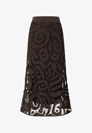 Tmavohnedá midi sukňa s abstraktným háčkovaným krajkovým prekladaním a pevným pásom, ktorý obsahuje točiace sa a kruhové vzory s otvorenými miestami.