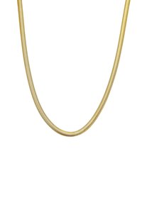 Gold-colored metal necklace featuring a flexible, smooth design with a herringbone pattern. The chain has a uniform thickness throughout.