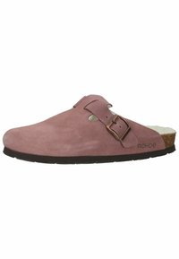 Różowe zamszowe klapki na platformie z pojedynczym paskiem zatrzaskowym, wyściełanym wnętrzem, naturalną korkową podeszwą i czarną gumową spodem.