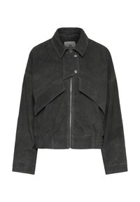 Giacca in camoscio grigio scuro con grandi dettagli a patta frontale, chiusura con zip, pattina del colletto con bottone a pressione, maniche lunghe e vita elasticizzata.