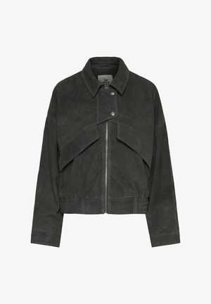 Dunkelgraue Wildlederjacke mit großen vorderen Klappendetails, Reißverschluss, Druckknopf-Kragenlasche, langen Ärmeln und elastischem Bund.