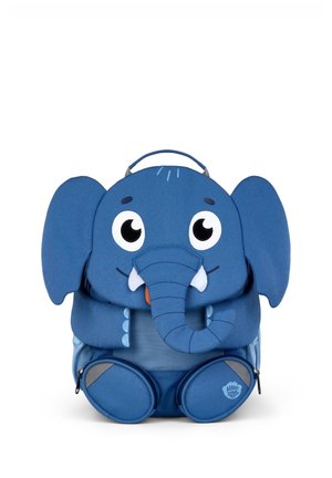 Blue children's backpack designed as a smiling elephant with large ears, trunk, tusks, and zippered front pockets shaped like feet.