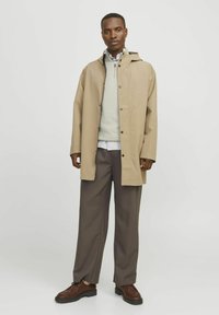 Šviesiai rudas lietpaltis su mygtukais, uždėtas ant šviesiai žalio megztinio ir dryžuoto marškinio. Tamsios kelnės ir rudi batai užbaigia aprangą.