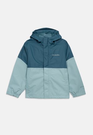 Niebieska i jasnoniebieska kurtka przeciwdeszczowa Columbia z kapturem, zamkiem z przodu, elastycznymi mankietami oraz logo na piersi i rękawie.