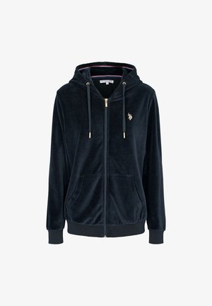 Laivastonsininen samettinen vetoketjuhuppari, jossa on etutaskut, säädettävä hupunnyöri, resorit hihansuissa ja pieni kirjailtu logo rinnassa.