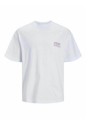 White cotton T-shirt with a relaxed fit, short sleeves, and a small purple logo on the left chest reading "ATELIER ORIGINALS."