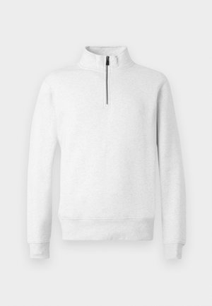 Pullover grigio chiaro a maniche lunghe con mezza zip frontale e colletto alto, esposto su uno sfondo bianco puro.
