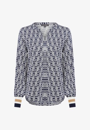 Navy and white patterned blouse with geometric design, V-neck, and elasticized sleeves featuring striped accents in beige and navy.