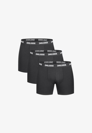 Boxers en coton noir avec logo Smilodox sur la ceinture élastique ; ensemble de trois pièces, présentant une coupe ajustée et une texture lisse.
