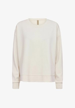Cream-colored sweatshirt with a round neckline, long sleeves, and ribbed cuffs. Soft fabric with a slight texture. No visible patterns or hardware.