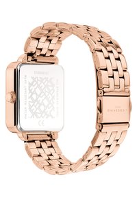 Rosé-goldfarbener Edelstahl-Armbanduhr mit rechteckigem Gehäuse, gemustertem Rückenteil und einem geflochtenen Gliederarmband. Wasserdicht bis zu 3 ATM.