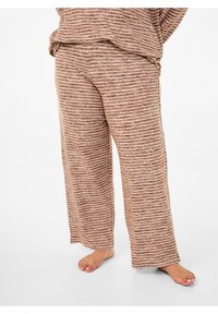 Brunrandig lounge-set bestående av löst sittande byxor med vida ben och en matchande topp med en avslappnad silhuett. Mjukt, texturerat tyg.