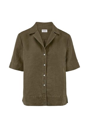Olivgrünes kurzärmeliges Hemd mit Knöpfen, Kragen, vorderen Knöpfen und einem geraden Saum mit kleinen Seitenschlitzen.