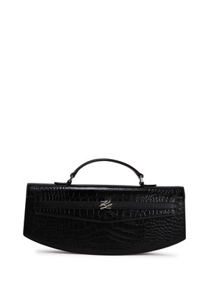 Black leather handbag with a crocodile texture, semi-circular shape, top handle, and a silver logo accent on the front.