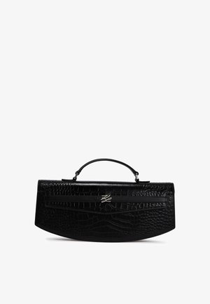 Black leather handbag with a crocodile texture, semi-circular shape, top handle, and a silver logo accent on the front.