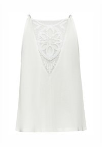 Witte mouwloze top met een kantpaneel met bloemmotieven en uitsnijdingen, zachte textuur en een losse pasvorm.
