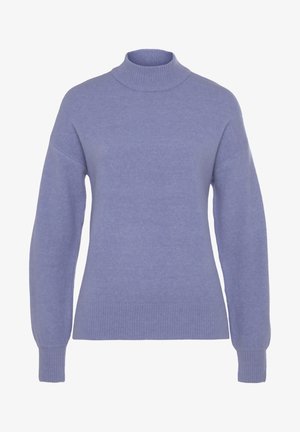 Suéter de cuello alto en un suave tejido de punto de color lila claro, con hombros caídos y puños y dobladillo acanalados. Diseño minimalista, color sólido.