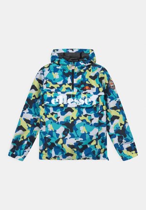Felpa con cappuccio con motivo mimetico blu, verde e nero, zip frontale e logo bianco "ellesse" sulla tasca del petto.