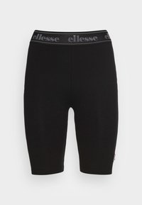 Černé elastické bavlněné šortky s síťovým pasem, na kterém je uvedené jméno značky "ellesse". Střih těsně přiléhající k tělu, délka do poloviny stehna, hladká textura.