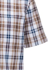 Camicia a maniche corte in plaid di cotone, con una combinazione di colori marrone, beige e blu navy, dotata di una tasca sul petto e dalla vestibilità comoda.
