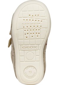 Suola in gomma beige con motivi di grip tattili, etichette in rilievo "GEOX" e "FLEXY SYSTEM", e tallone arrotondato per un supporto ammortizzato.