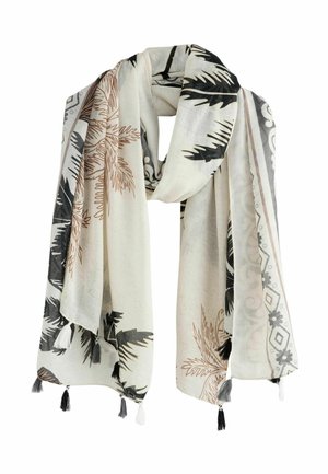 Hellbeiger Schal mit schwarzen und braunen tropischen Blattmustern, geometrischen Randmustern und schwarzen und weißen Fransen an den Rändern.