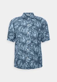 Camicia a maniche corte in tessuto blu scuro con motivo a foglia in azzurro chiaro. Presenta un colletto e pulsanti frontali.