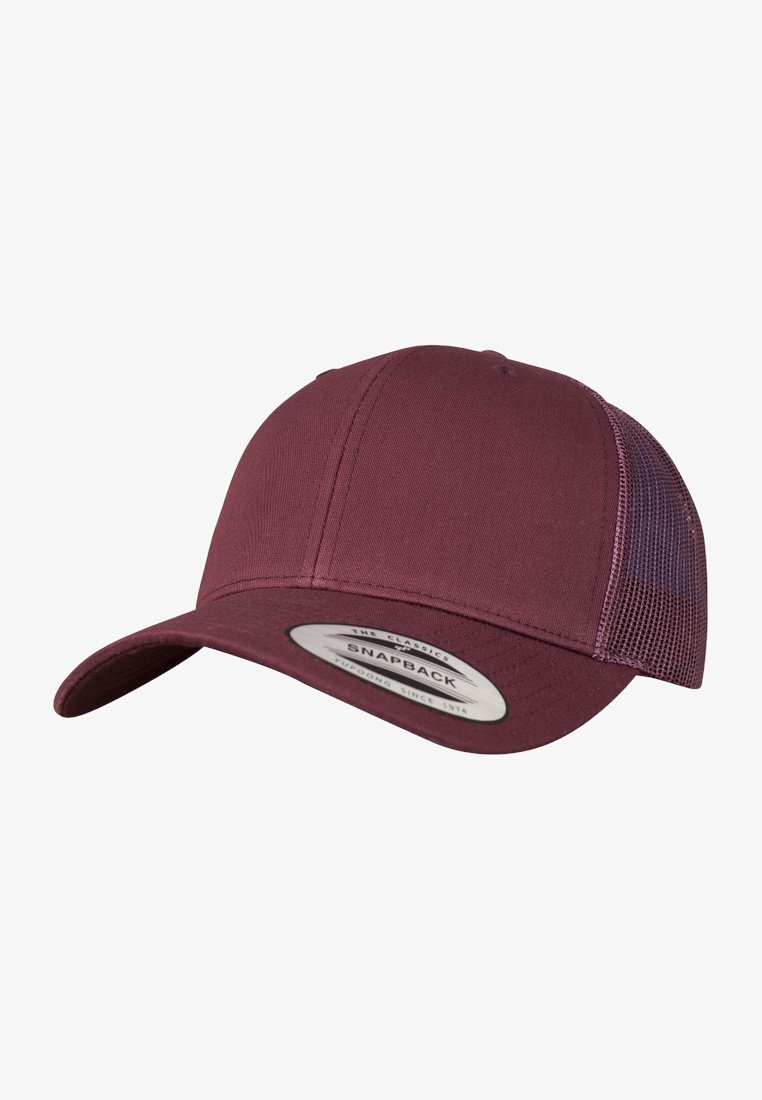 Maroon snapback cap with a structured front, curved visor, and mesh back. Features a round patch label on the front.