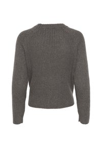 Gray knitted sweater with ribbed texture, crew neck, and long sleeves. Features a relaxed fit and cropped length. Back view displayed.