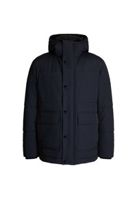 Giacca puffer blu navy con colletto alto, chiusura con zip e bottoni, due tasche frontali e texture trapuntata. Adatta per il freddo.