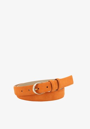 Orange suede belt with silver oval buckle, rolled up on a white background.