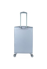 Maleta de shell blando gris con mango telescópico y cuatro ruedas, que presenta una textura suave y un diseño minimalista.