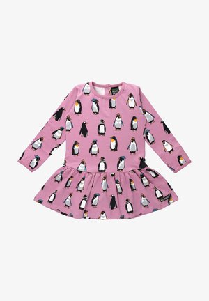 Abito a maniche lunghe in tessuto rosa con un motivo di pinguini multicolori. Gonna svasata con scollatura rotonda e chiusura a pressione sul retro.